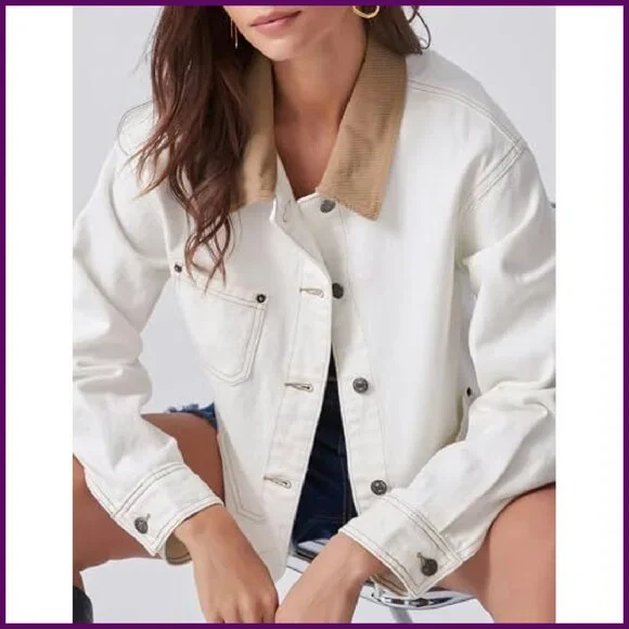 Oversized Denim Jacket with Corduroy Collar Loose Fit Shacket